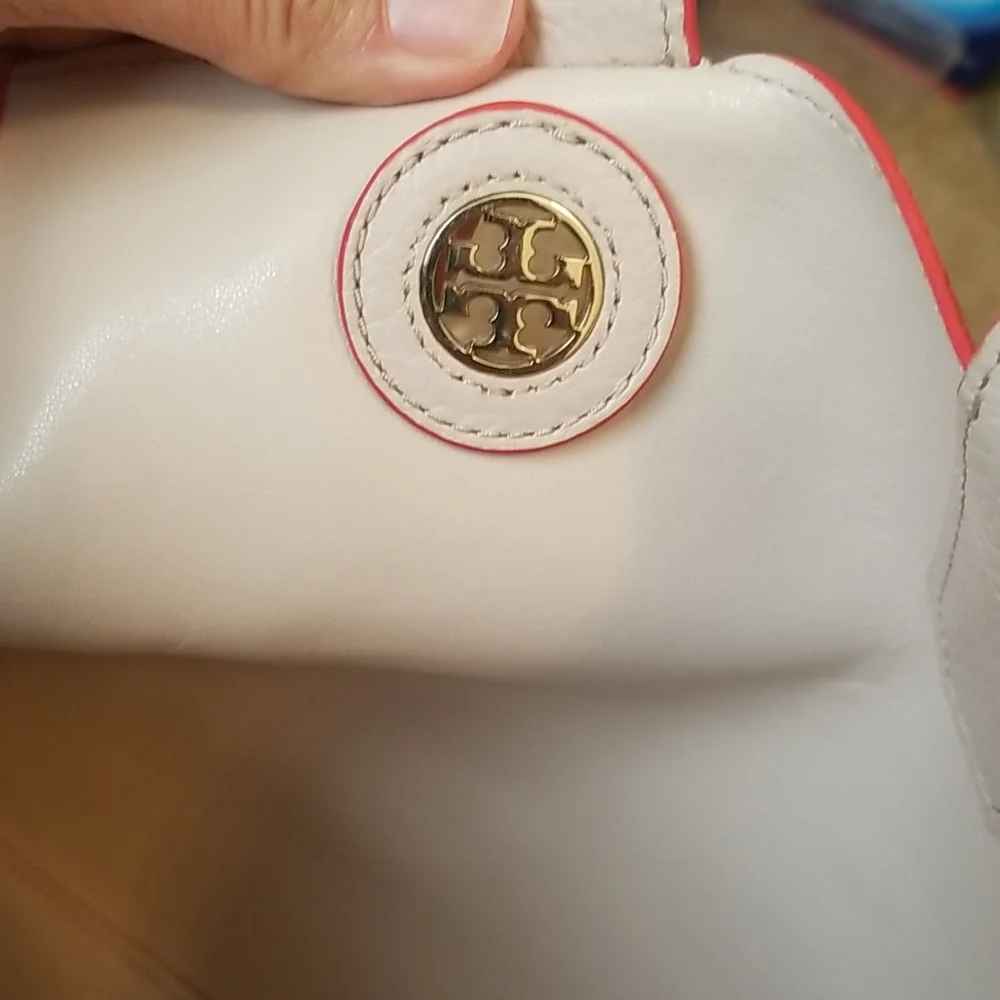 Tory Burch Two-Tone Cream and Coral Leather Tote with Tassel